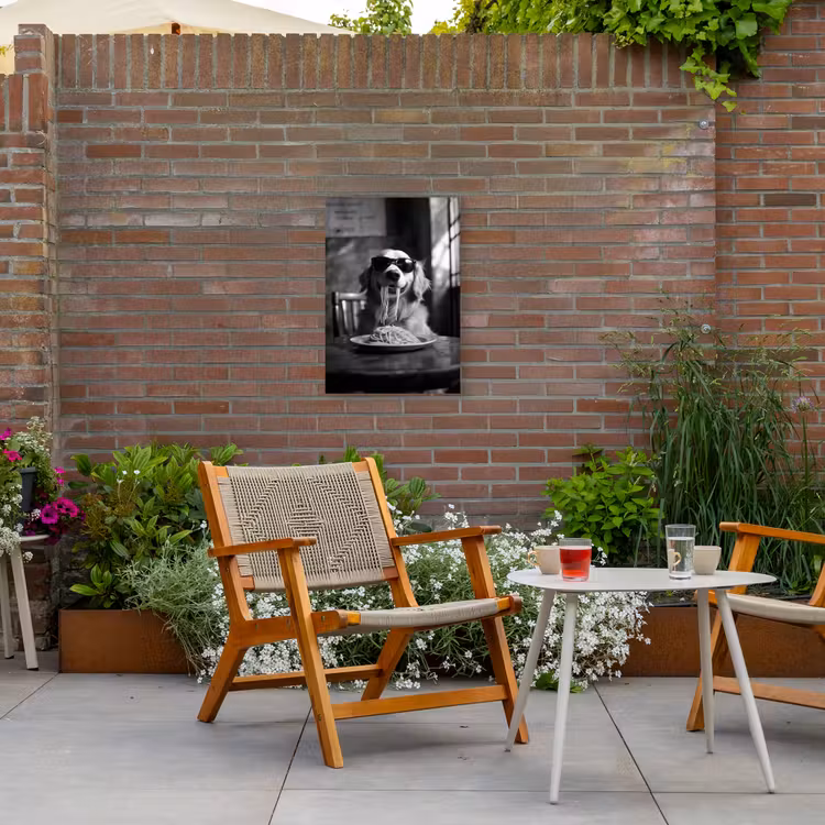 Golden Retriever - Hond - Vrolijk -  Bord spaghetti - Zwart - wit Tuinposter op houten frame 2 cm dik klein -sfeer3