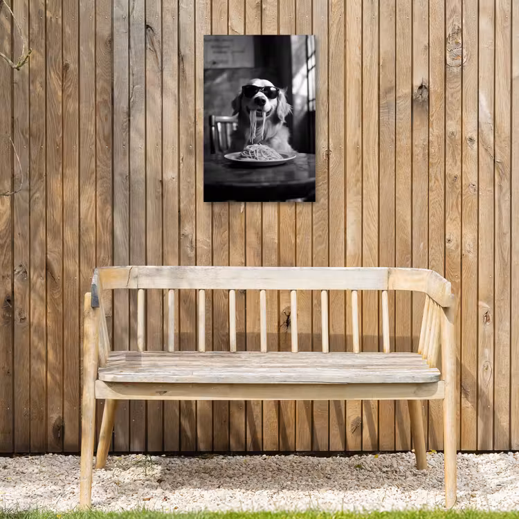 Golden Retriever - Hond - Vrolijk -  Bord spaghetti - Zwart - wit Tuinposter op houten frame 2 cm dik klein -sfeer4