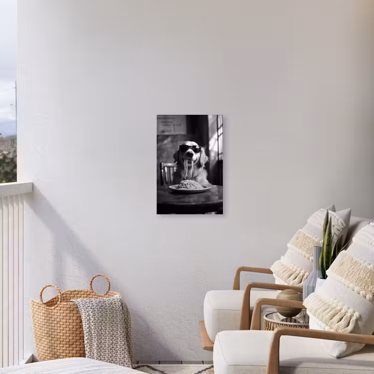 Golden Retriever - Hond - Vrolijk -  Bord spaghetti - Zwart - wit Tuinposter op houten frame 2 cm dik klein -sfeer1
