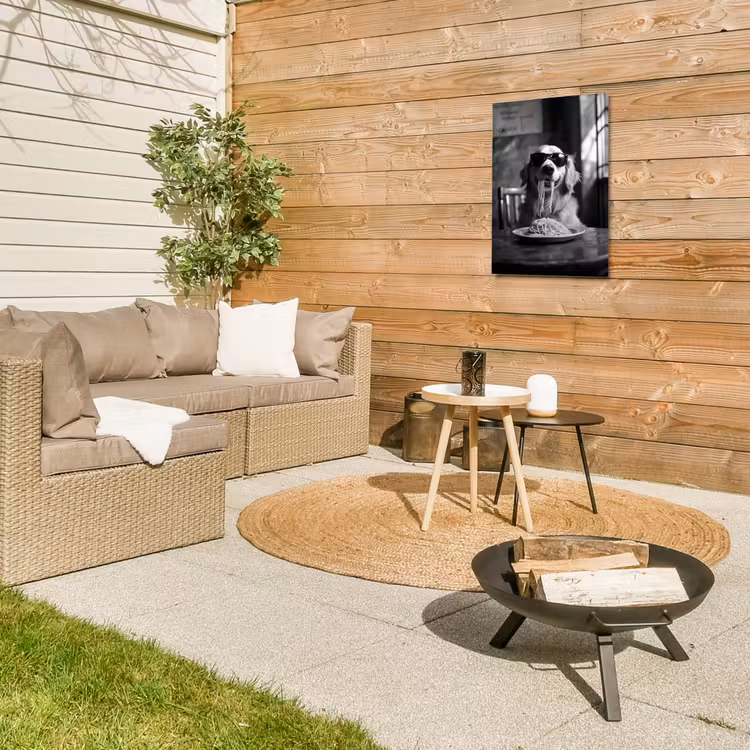 Golden Retriever - Hond - Vrolijk -  Bord spaghetti - Zwart - wit Tuinposter op houten frame 2 cm dik klein -sfeer2