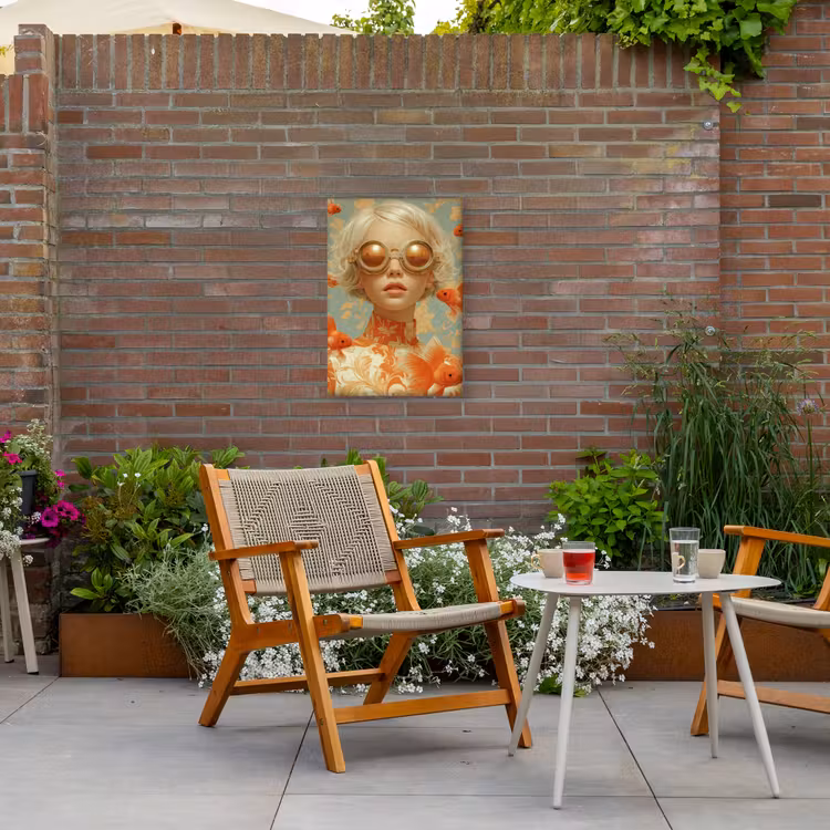 Goudvissen - Oranje - Vrouw - Blond Tuinposter op houten frame 2 cm dik klein -sfeer3