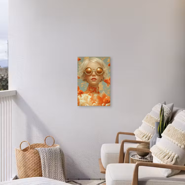 Goudvissen - Oranje - Vrouw - Blond Tuinposter op houten frame 2 cm dik klein -sfeer1