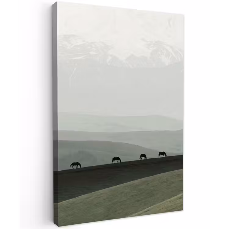 Grijs - Berg - Paarden Tuinposter op houten frame 2 cm dik klein -3d