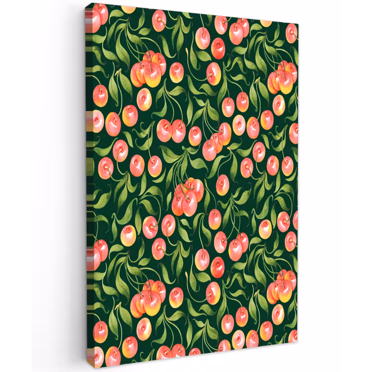 Groen - Rode - Kersen - Bladeren Tuinposter op houten frame 2 cm dik klein 841 -3d