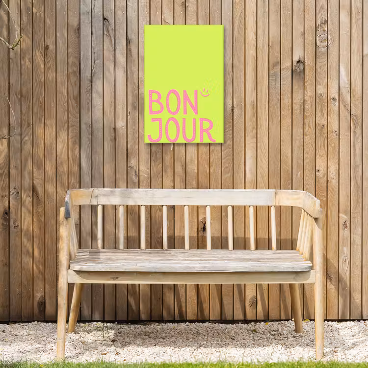 Groen - Smiley - Bonjour - Roze Tuinposter op houten frame 2 cm dik klein -sfeer4