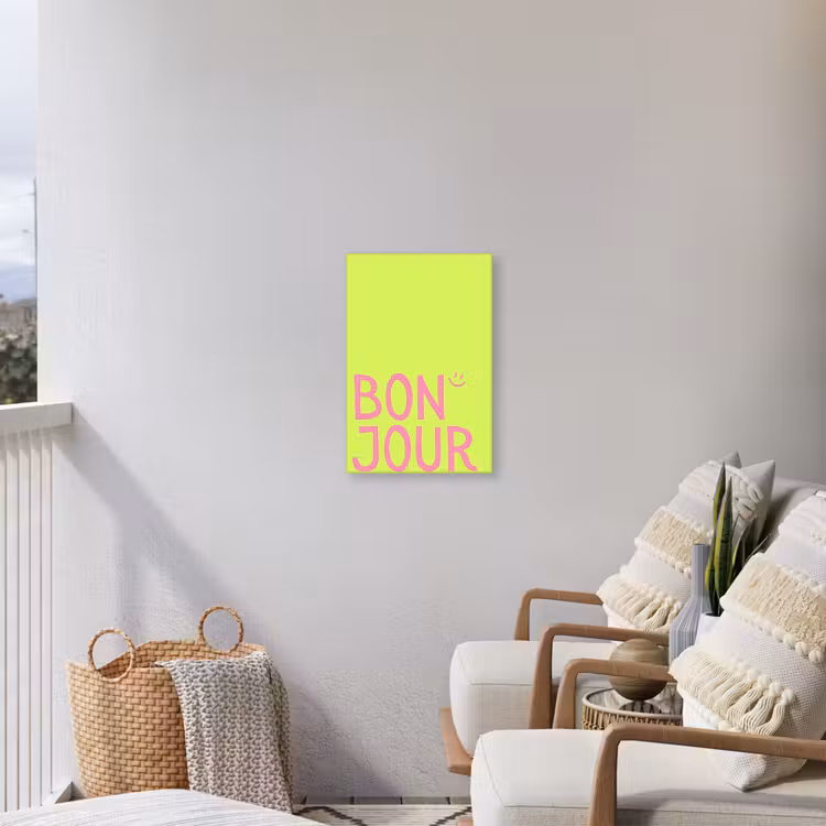 Groen - Smiley - Bonjour - Roze Tuinposter op houten frame 2 cm dik klein -sfeer1