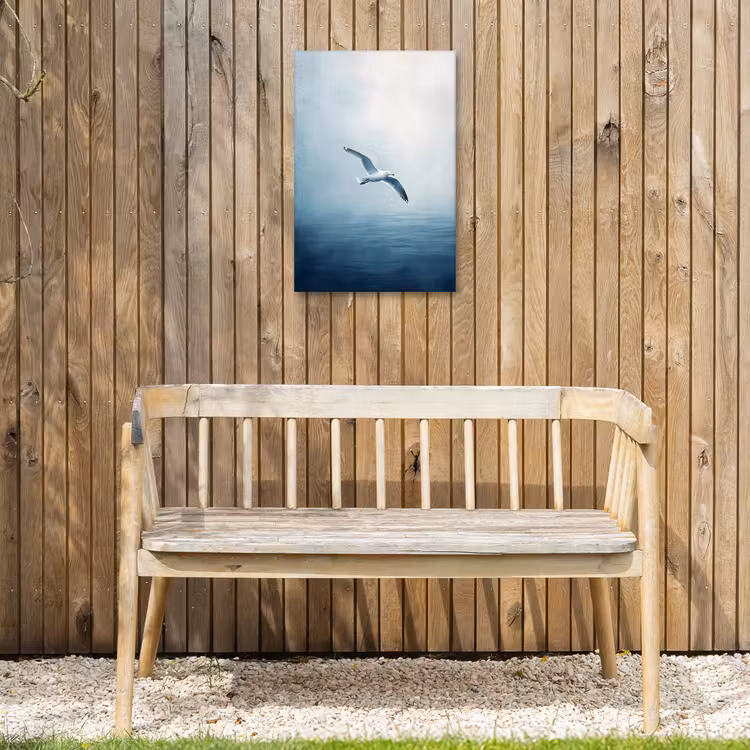 Meeuw - Wit - Zee - Mistig Tuinposter op houten frame 2 cm dik klein -sfeer4