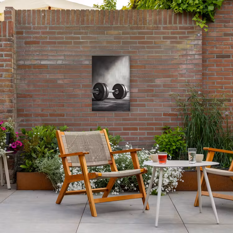 Halter - Gewichten - Zwart Tuinposter op houten frame 2 cm dik klein -sfeer3