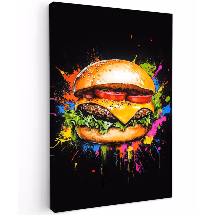 Hamburger - Graffiti - Verf - Kleurrijk - Eten - Abstract Tuinposter op houten frame 2 cm dik klein -3d