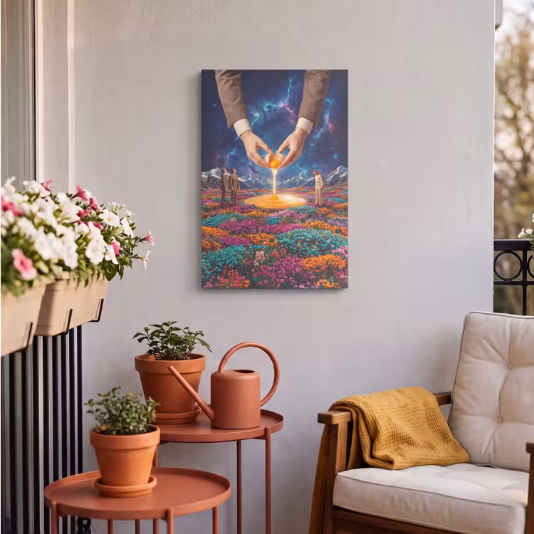 Outdoor Canvas Print - Hands - Egg - Surrealism - Handen - Ei - Surrealisme Tuinposter op houten frame 2 cm dik klein