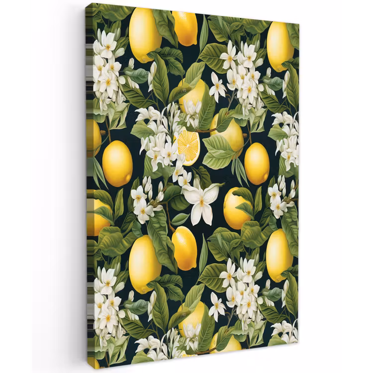 Hangende - Citroenen - Witte - Bloemetjes Tuinposter op houten frame 2 cm dik klein 841 -3d