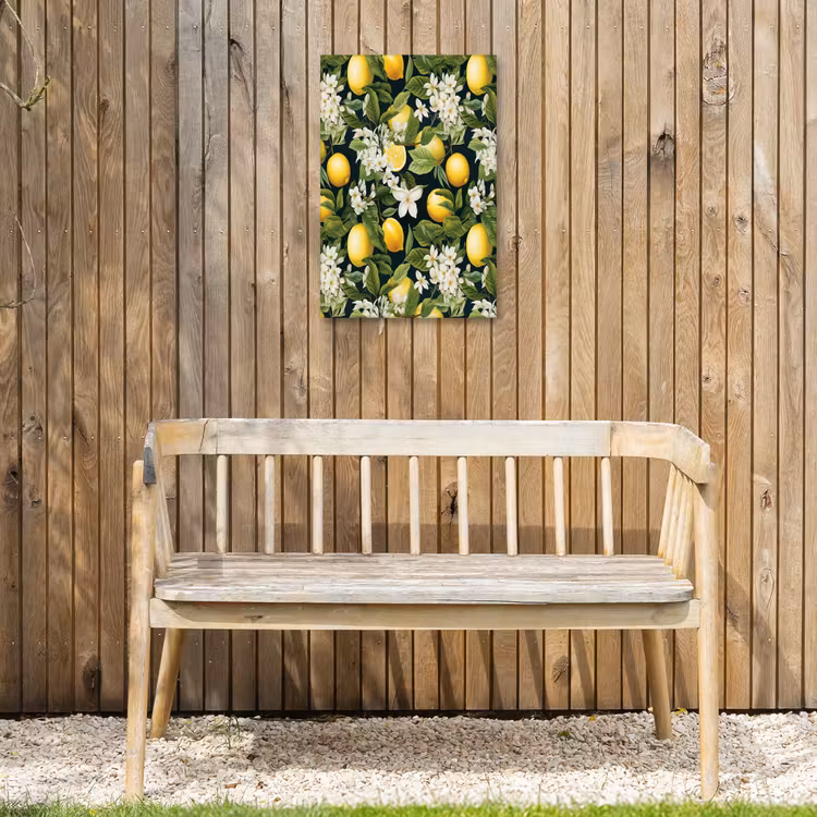 Hangende - Citroenen - Witte - Bloemetjes Tuinposter op houten frame 2 cm dik klein 841 -sfeer4