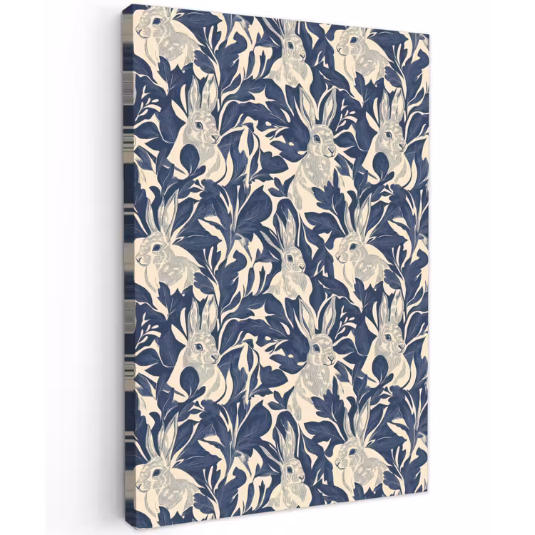 Hazen - Bladeren - Patroon - Blauw - Beige Tuinposter op houten frame 2 cm dik klein 841 -3d