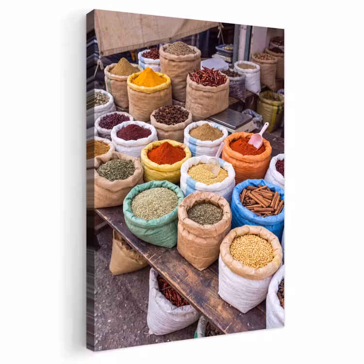 Outdoor Canvas Print - Herbs - Bags - Market - Kruiden - Zakken - Markt Tuinposter op houten frame 2 cm dik klein