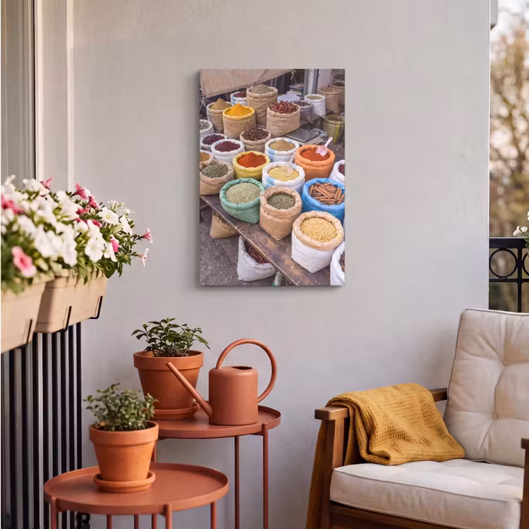 Outdoor Canvas Print - Herbs - Bags - Market - Kruiden - Zakken - Markt Tuinposter op houten frame 2 cm dik klein