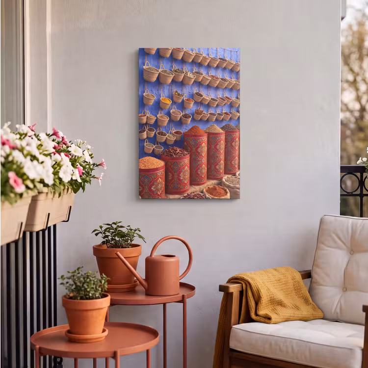Outdoor Canvas Print - Herbs - Baskets - Market - Kruiden - Manden - Markt Tuinposter op houten frame 2 cm dik klein