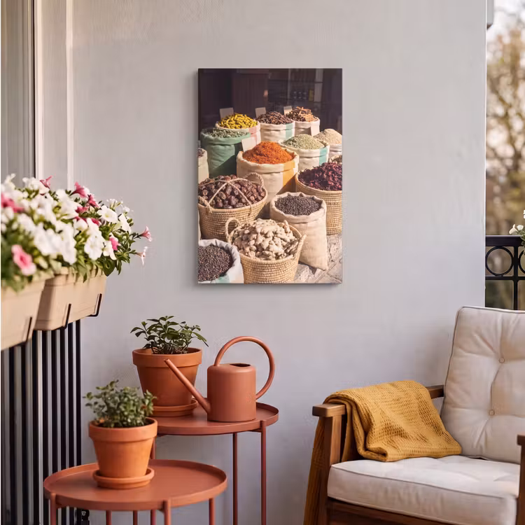 Outdoor Canvas Print - Herbs - Market - Colorful - Kruiden - Markt - Kleurrijk Tuinposter op houten frame 2 cm dik klein
