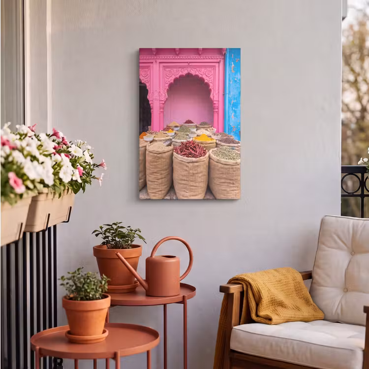 Outdoor Canvas Print - Herbs - Market - Pink - Kruiden - Markt - Roze Tuinposter op houten frame 2 cm dik klein