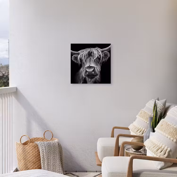Hooglander in Zwart-Wit Tuinposter op houten frame 2 cm dik klein -sfeer1
