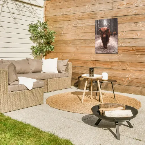 Hooglander in het Bos Tuinposter op houten frame 2 cm dik klein -sfeer2