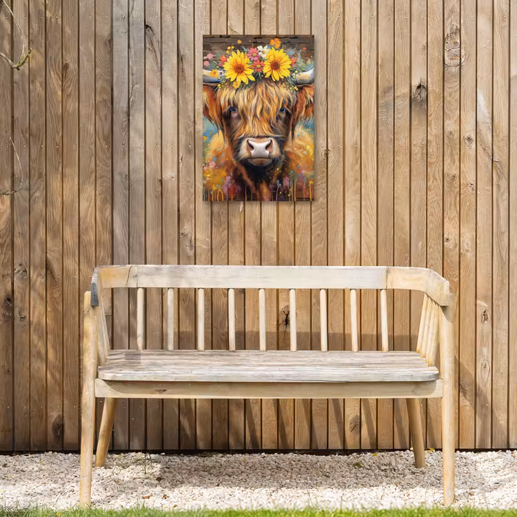 Hooglander met Bloemenkroon Tuinposter op houten frame 2 cm dik klein -sfeer4