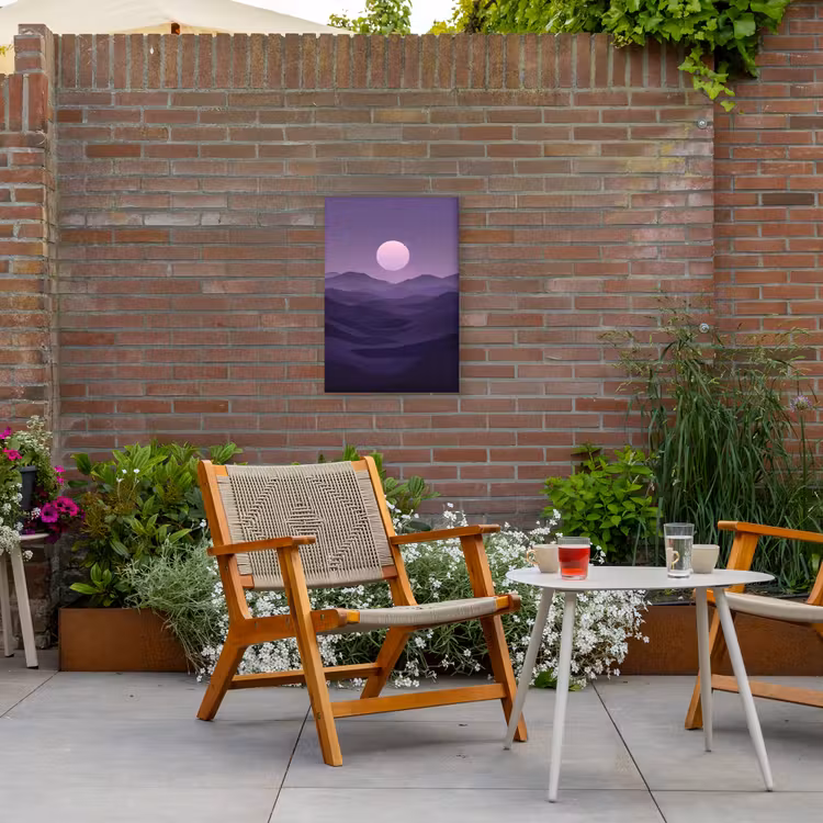 Heuvels - Paars - Mist - Zon Tuinposter op houten frame 2 cm dik klein -sfeer3