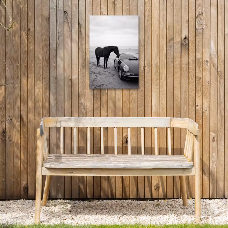 Paard - Auto - Zwart - Wit Tuinposter op houten frame 2 cm dik klein -sfeer4