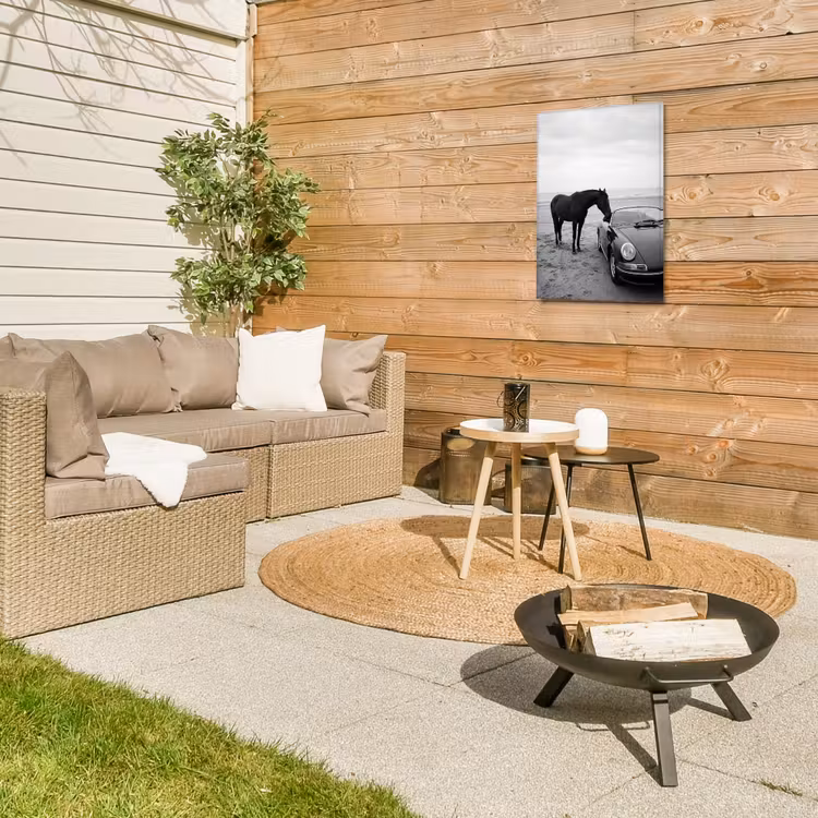 Paard - Auto - Zwart - Wit Tuinposter op houten frame 2 cm dik klein -sfeer2