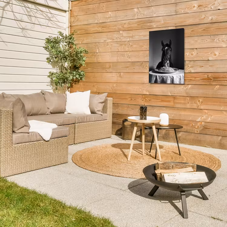 Paard - Bord - Pasta - Tafelkleed - Zwart Wit - Dieren Tuinposter op houten frame 2 cm dik klein -sfeer2