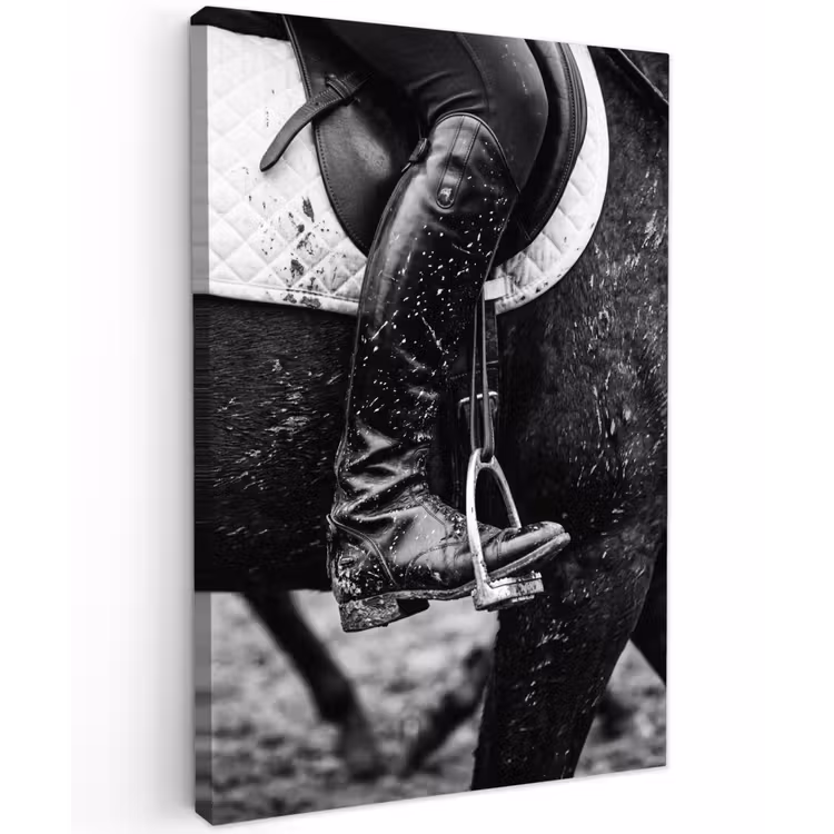 Paard - Sport - Zwart - Wit Tuinposter op houten frame 2 cm dik klein -3d