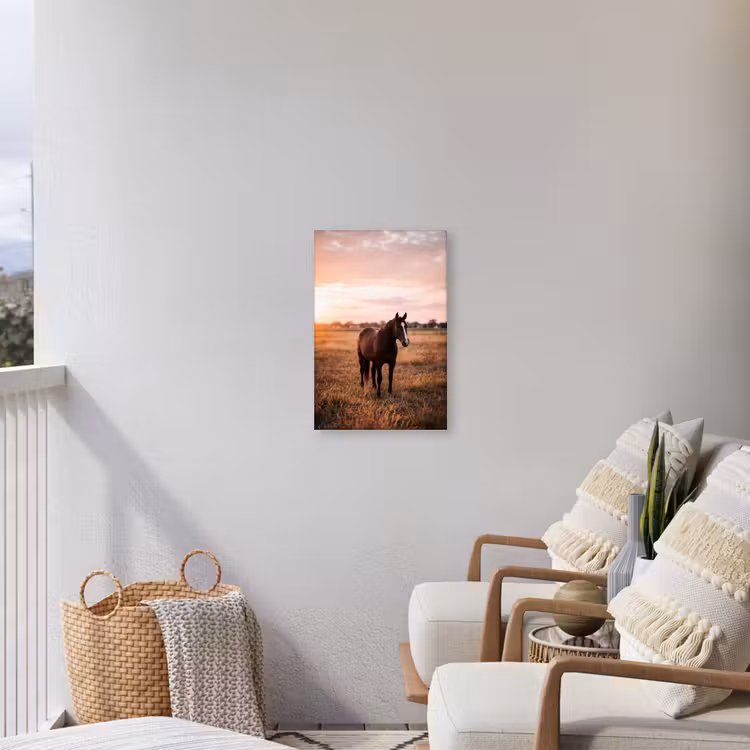 Paard - Zonsondergang - Bruin Tuinposter op houten frame 2 cm dik klein -sfeer1