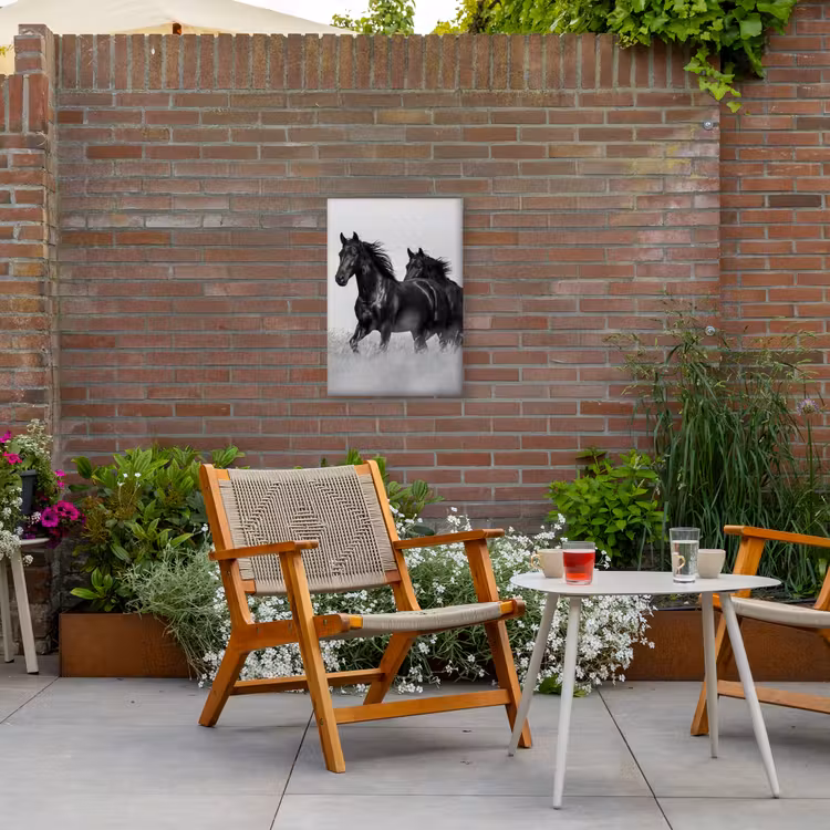Paarden - Gras - Zwart - Wit Tuinposter op houten frame 2 cm dik klein -sfeer3