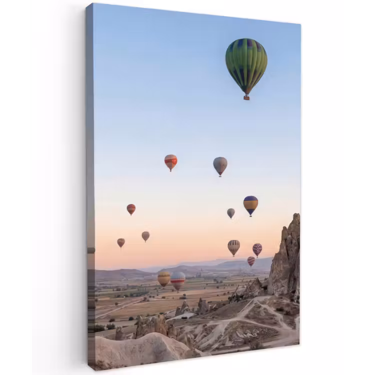 Luchtballonnen - Rotsen - Zonsopgang Tuinposter op houten frame 2 cm dik klein -3d