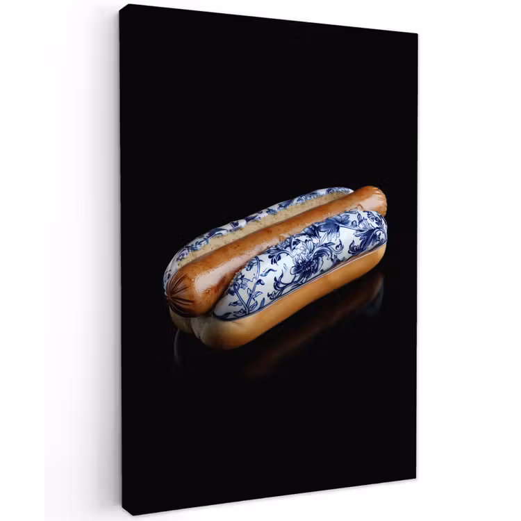 Hotdog - Porselein - Delfts blauw - Eten Tuinposter op houten frame 2 cm dik klein -3d
