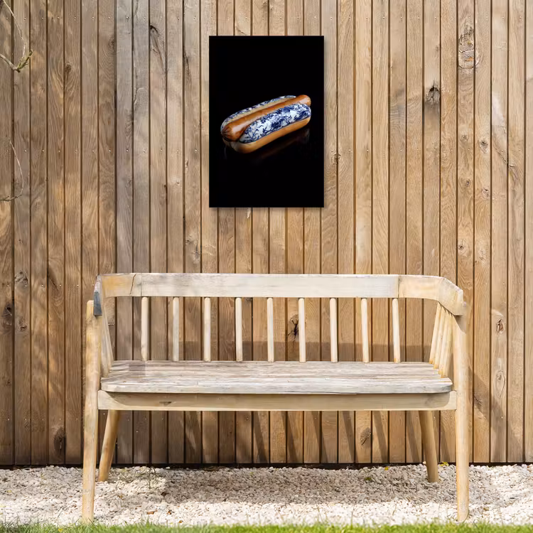 Hotdog - Porselein - Delfts blauw - Eten Tuinposter op houten frame 2 cm dik klein -sfeer4