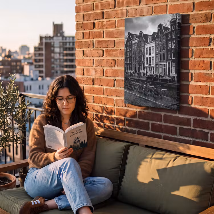 Huis - Gracht - Amsterdam - Architectuur - Zwart-wit Tuinposter op houten frame 2 cm dik klein -sfeer3