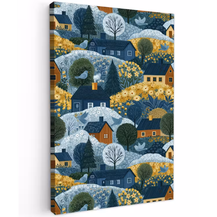 Huisjes - Bloemen - Patroon - Geel - Blauw Tuinposter op houten frame 2 cm dik klein 841 -3d