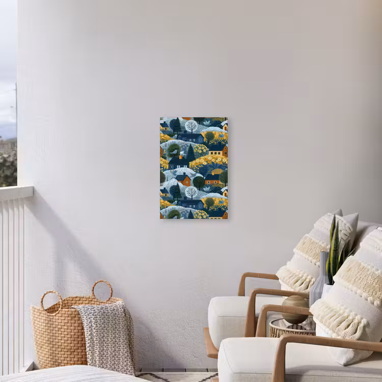 Huisjes - Bloemen - Patroon - Geel - Blauw Tuinposter op houten frame 2 cm dik klein 841 -sfeer1