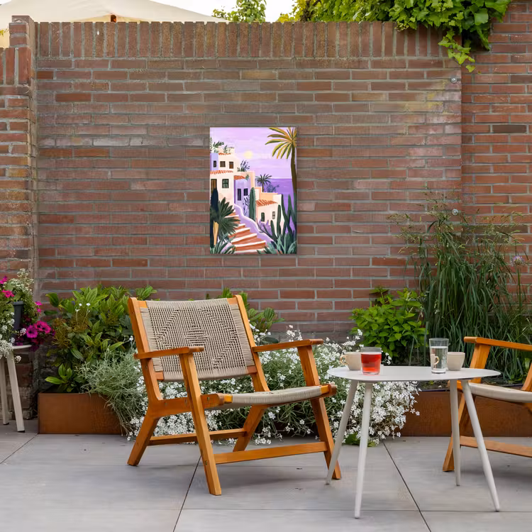 Huizen - Minimalistisch - Palmbomen - Kust Tuinposter op houten frame 2 cm dik klein -sfeer3