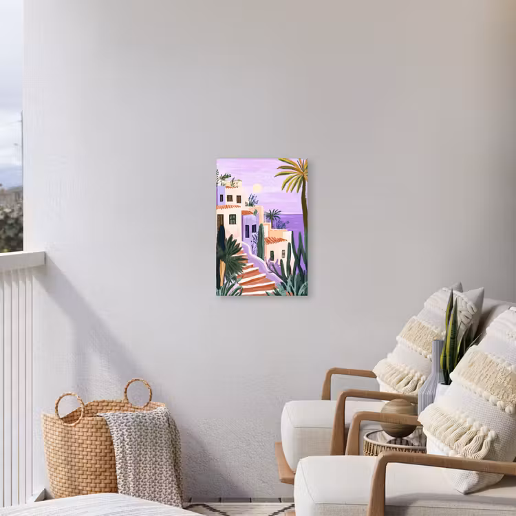 Huizen - Minimalistisch - Palmbomen - Kust Tuinposter op houten frame 2 cm dik klein -sfeer1