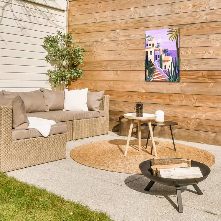 Huizen - Minimalistisch - Palmbomen - Kust Tuinposter op houten frame 2 cm dik klein -sfeer2