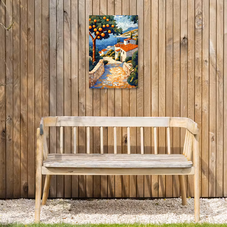 Huizen - Mozaïek - Sinaasappelbomen - Zee Tuinposter op houten frame 2 cm dik klein -sfeer4