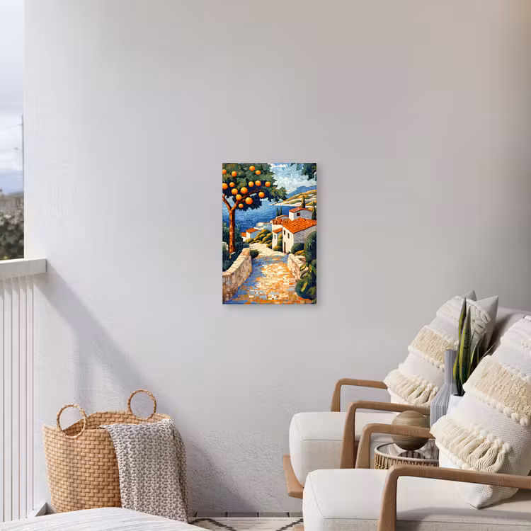 Huizen - Mozaïek - Sinaasappelbomen - Zee Tuinposter op houten frame 2 cm dik klein -sfeer1