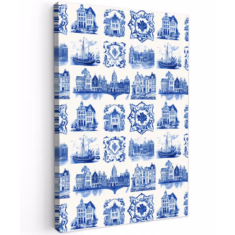Huizen - Schepen - Blauw Tuinposter op houten frame 2 cm dik klein 841 -3d