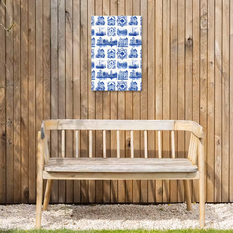 Huizen - Schepen - Blauw Tuinposter op houten frame 2 cm dik klein 841 -sfeer4