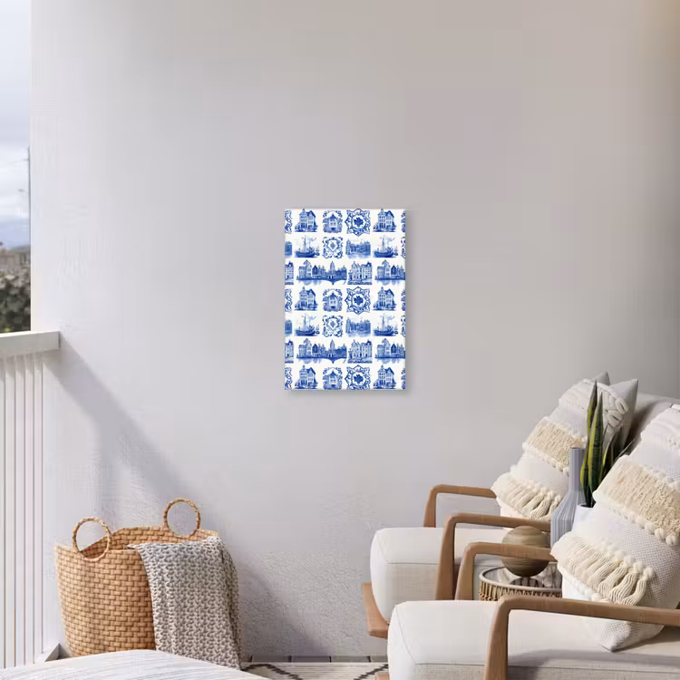 Huizen - Schepen - Blauw Tuinposter op houten frame 2 cm dik klein 841 -sfeer1
