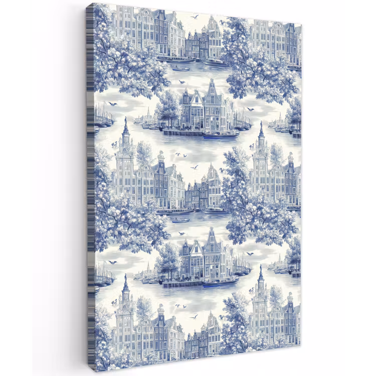 Huizen - Bomen - Water - Vogels - Blauw Tuinposter op houten frame 2 cm dik klein 841 -3d