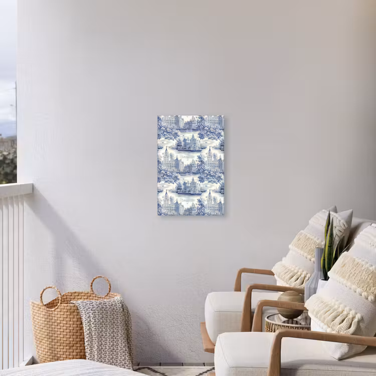 Huizen - Bomen - Water - Vogels - Blauw Tuinposter op houten frame 2 cm dik klein 841 -sfeer1