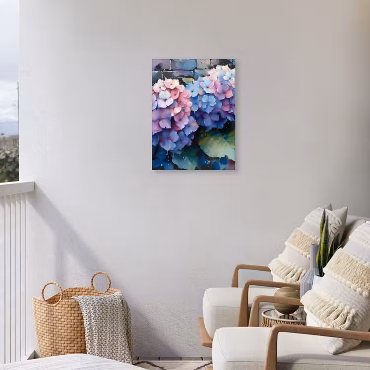Hortensia's in Pastelkleuren Tuinposter op houten frame 2 cm dik klein -sfeer1