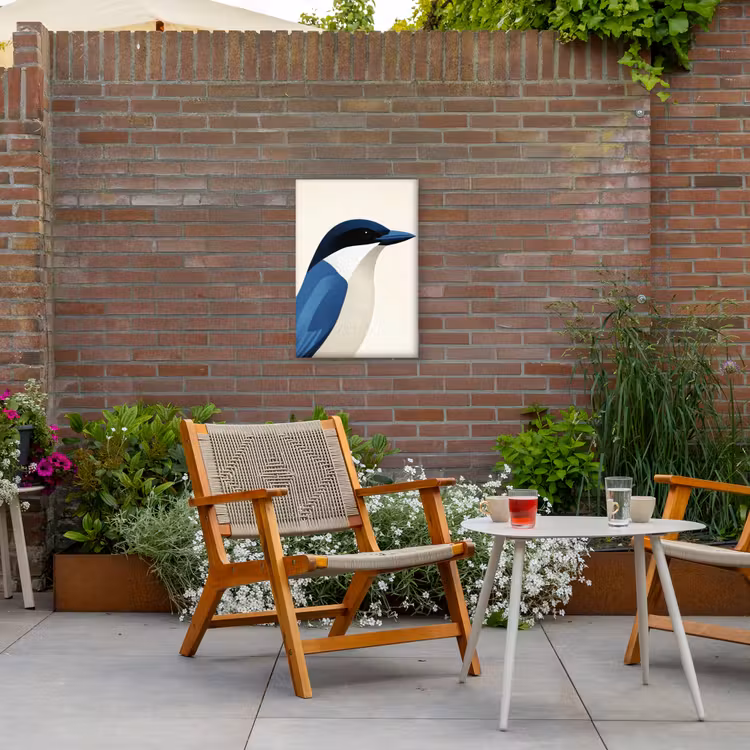 Illustratie - Blauw - Vogel Tuinposter op houten frame 2 cm dik klein -sfeer3
